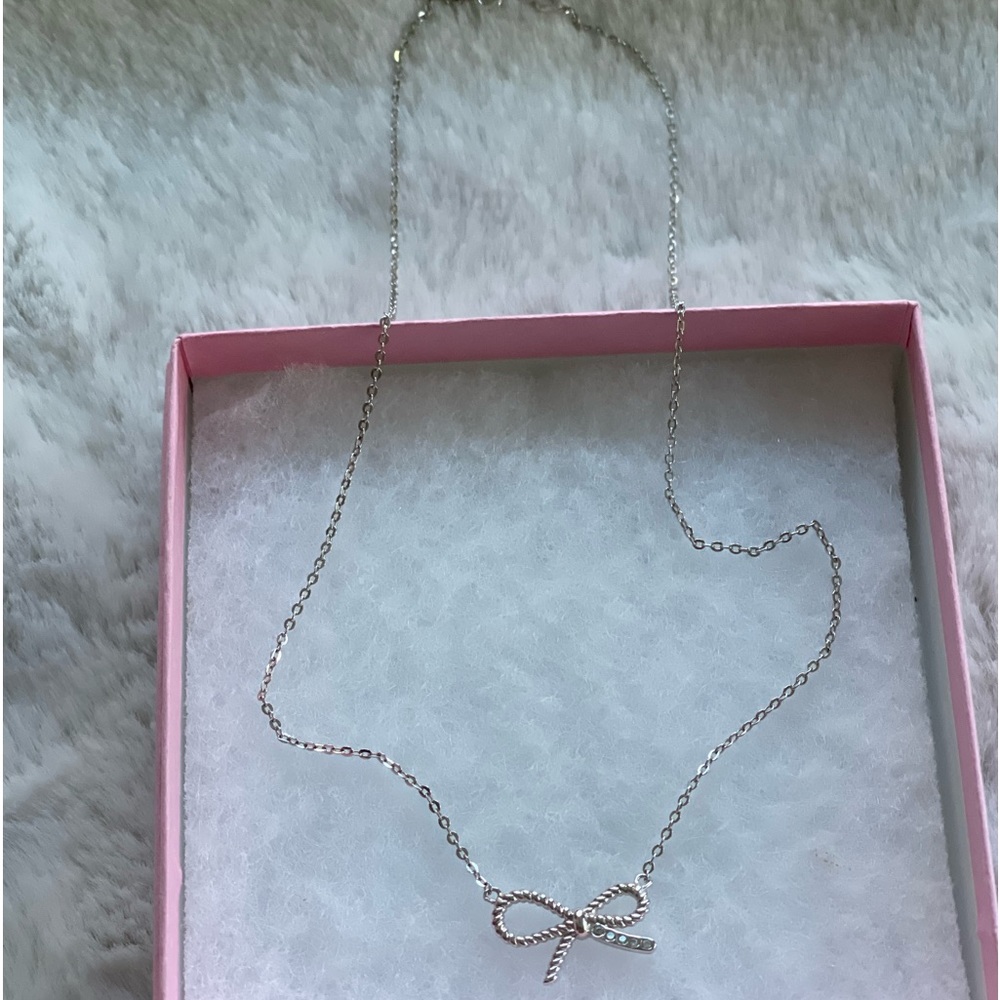 Sterling silver bow necklace with cubic zirconia stones ~ adjustable 16”-17”